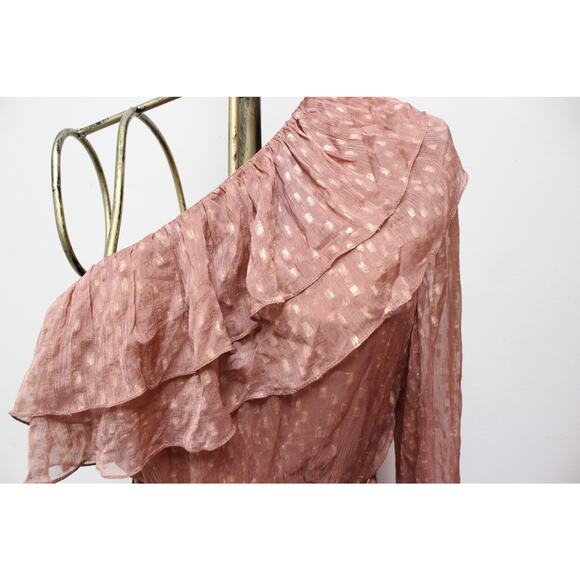 NWT Rococo Sand Aine Metallic Brown One Shoulder Ruffle Dress Size Large - Picture 3 of 6